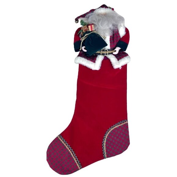 Santa Red Velour Christmas Stocking 3D Porcelain Face Glasses Bell Plaid Vest 24 - Picture 3 of 8